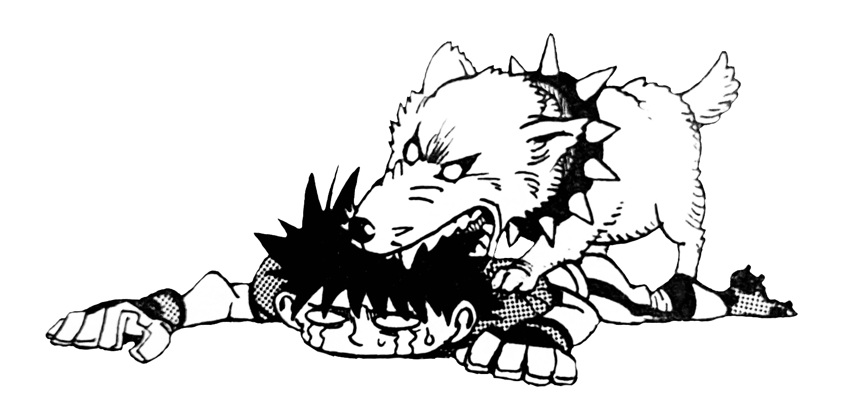 A transparent illustration of Sena collapsed on the ground, while tears run down his cheeks and Cerberus chews on the back of his head.