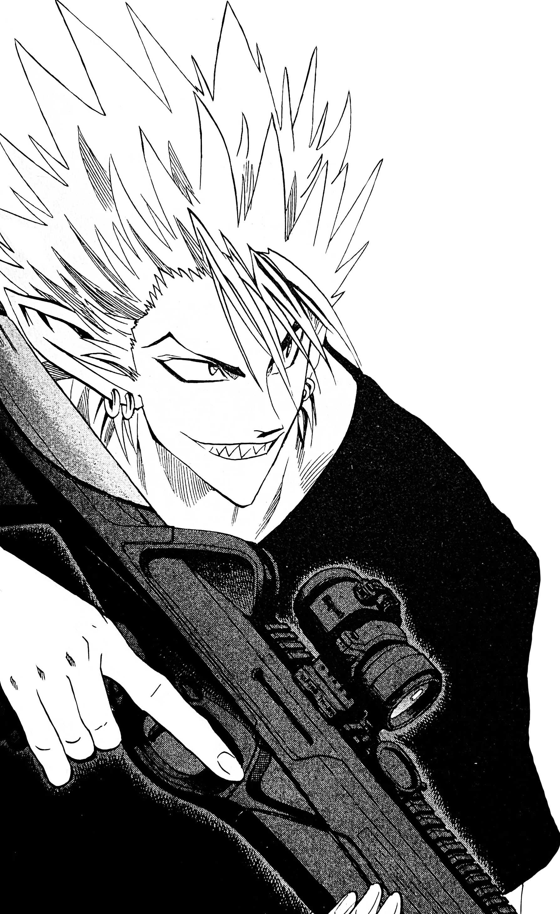 A transparent illustration of Hiruma dressed in a black shirt and grinning with his sharp fangs as he stares off to the side. His hair is spiky and blond, his features are sharp and demonic, and each of his long, elf-like ears are pearced with a pair of dark hoop earrings. He's armed with a machine gun, his long finger off the trigger.