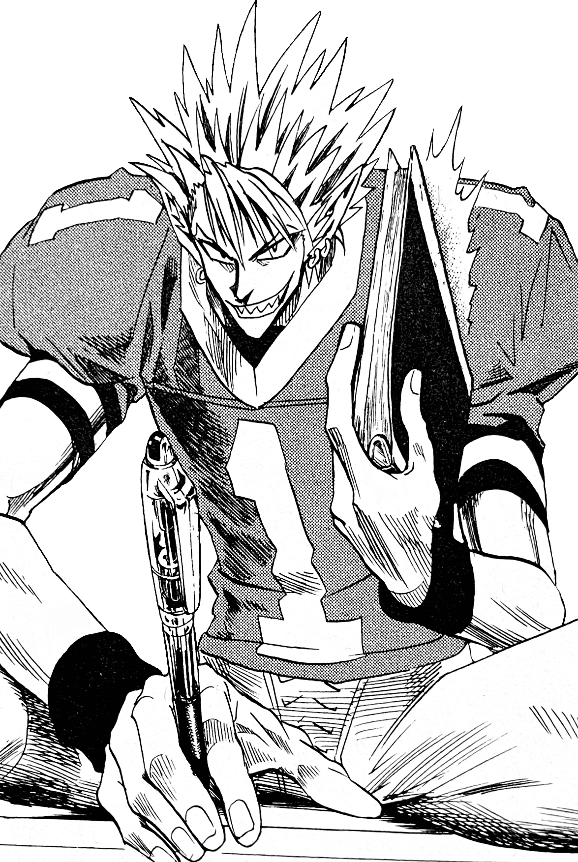A transparent illustration of Hiruma in his team uniform. He's grinning, holding a pen between the fingers of one hand and slamming a binder shut with the other hand.