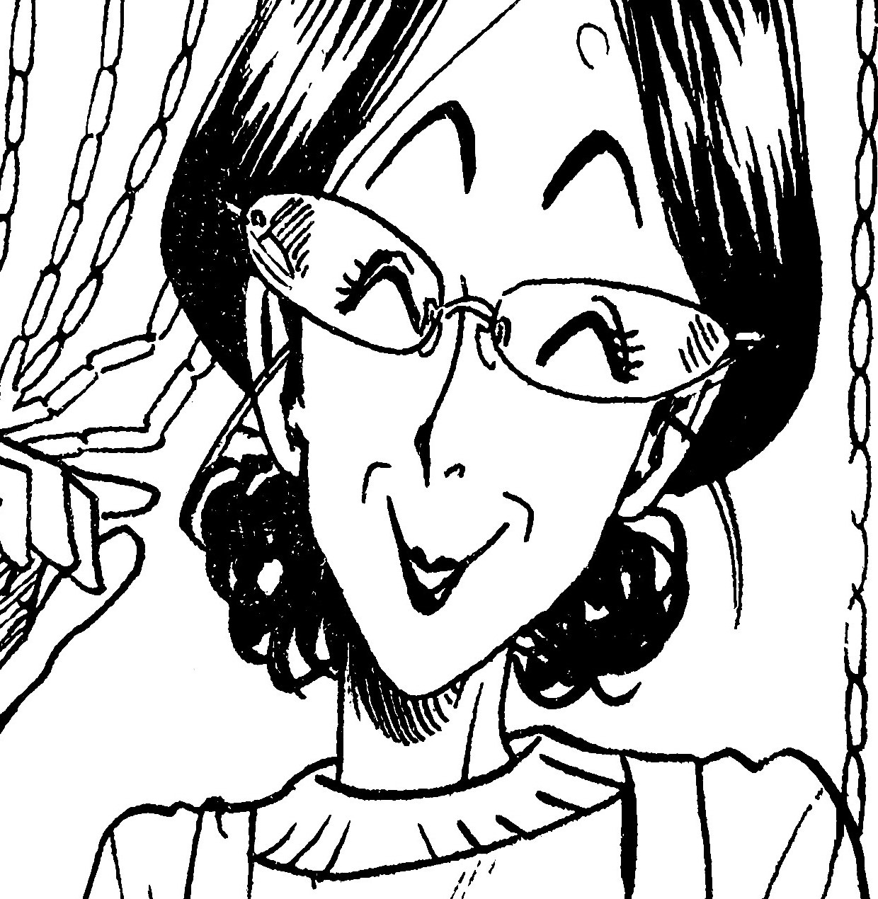 A black and white illustration of Yukimitsu's mother, Akari, smiling cheerfully. She's a skinny older woman wearing pointed eye glasses, dark lipstick, and hair tied back in a bun. Her features and large forehead resemble Yukimitsu's.