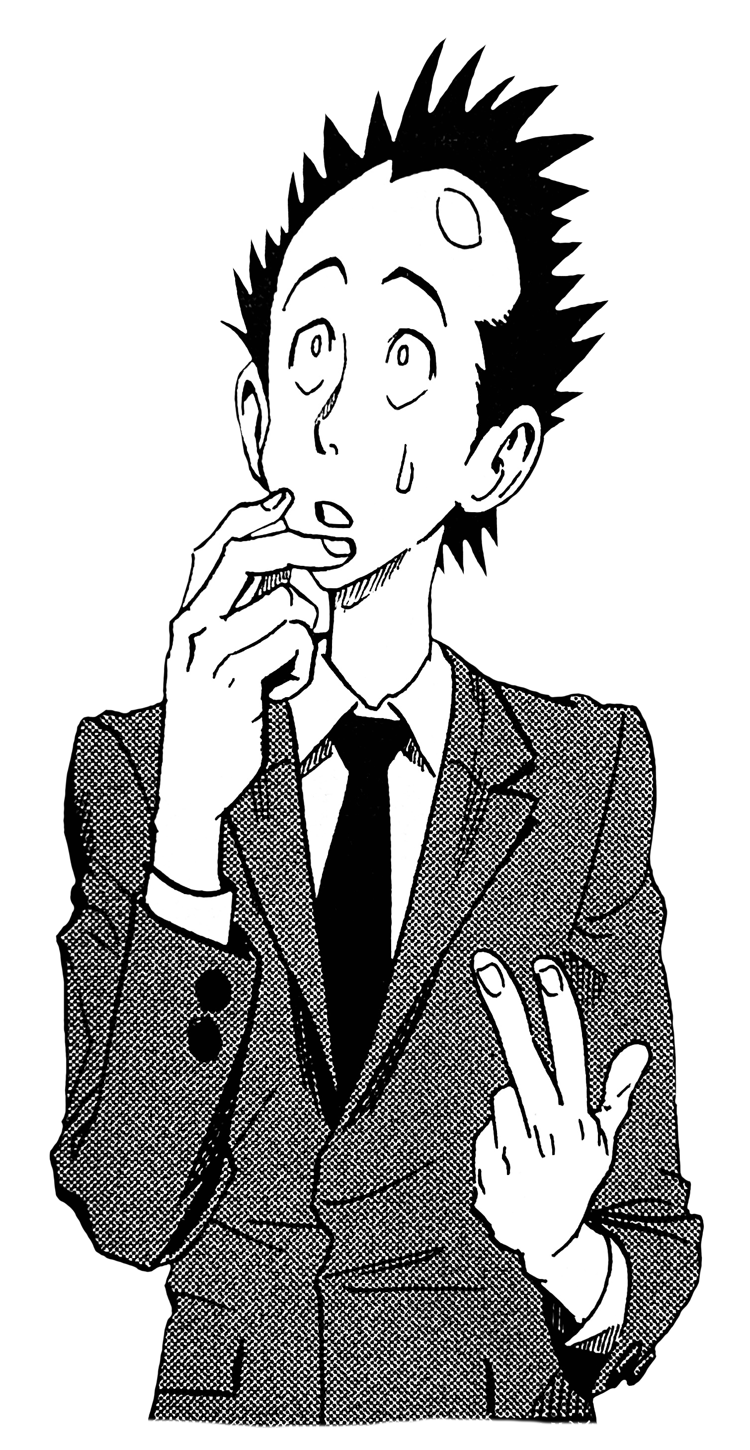 A transparent illustration of Yukimitsu in a suit and tie. He's a tall, skinny teenager with a large, shiny forehead; his hair is spiky and combed back, almost appearing as though he's balding. He's looking up in thought while counting on his fingers.