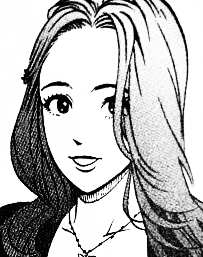 A black and white illustration of Yukimitsu's older sister, Hotaru. She has long, light-colored hair parted in the middle and a sizeable forehead, though not as large as her brother's. She also has a soft, beautiful face and smile.
