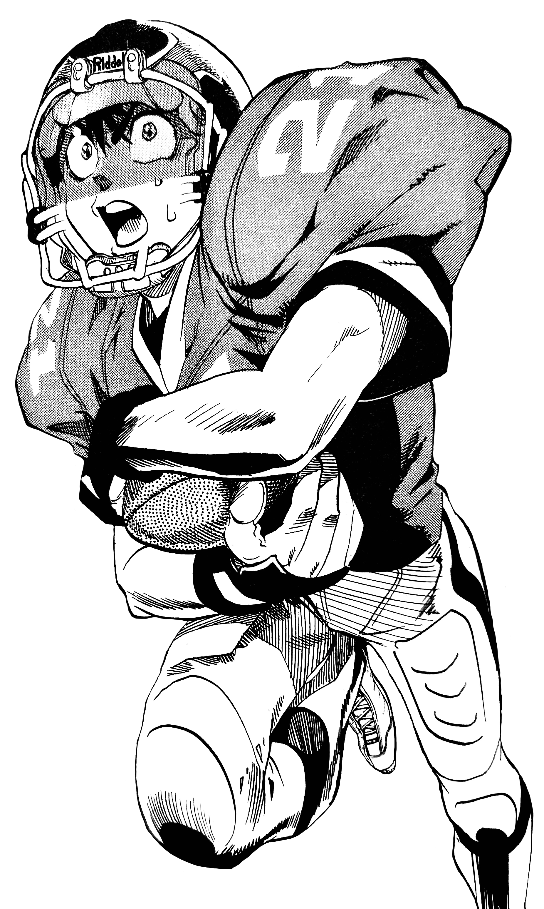 A transparent illustration of Sena in his team uniform and helmet, equipped with the tinted visor of his persona, 'Eyeshield 21.' He's running with the ball gripped in both his hands, his arms crossed in front of him to secure it.
