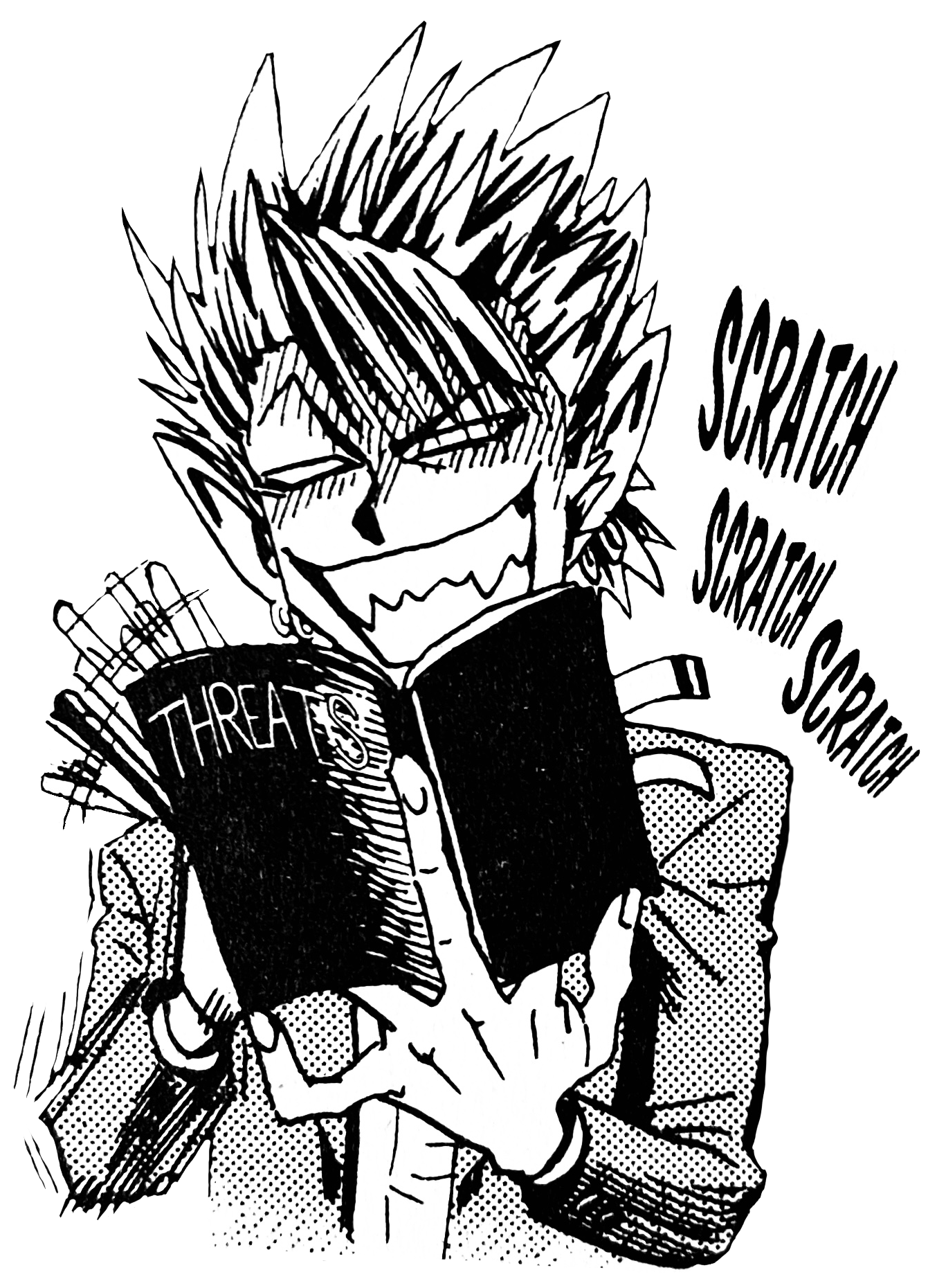 A transparent illustration of Hiruma scribbling in his Threats book noisily, with an evil grin on his face