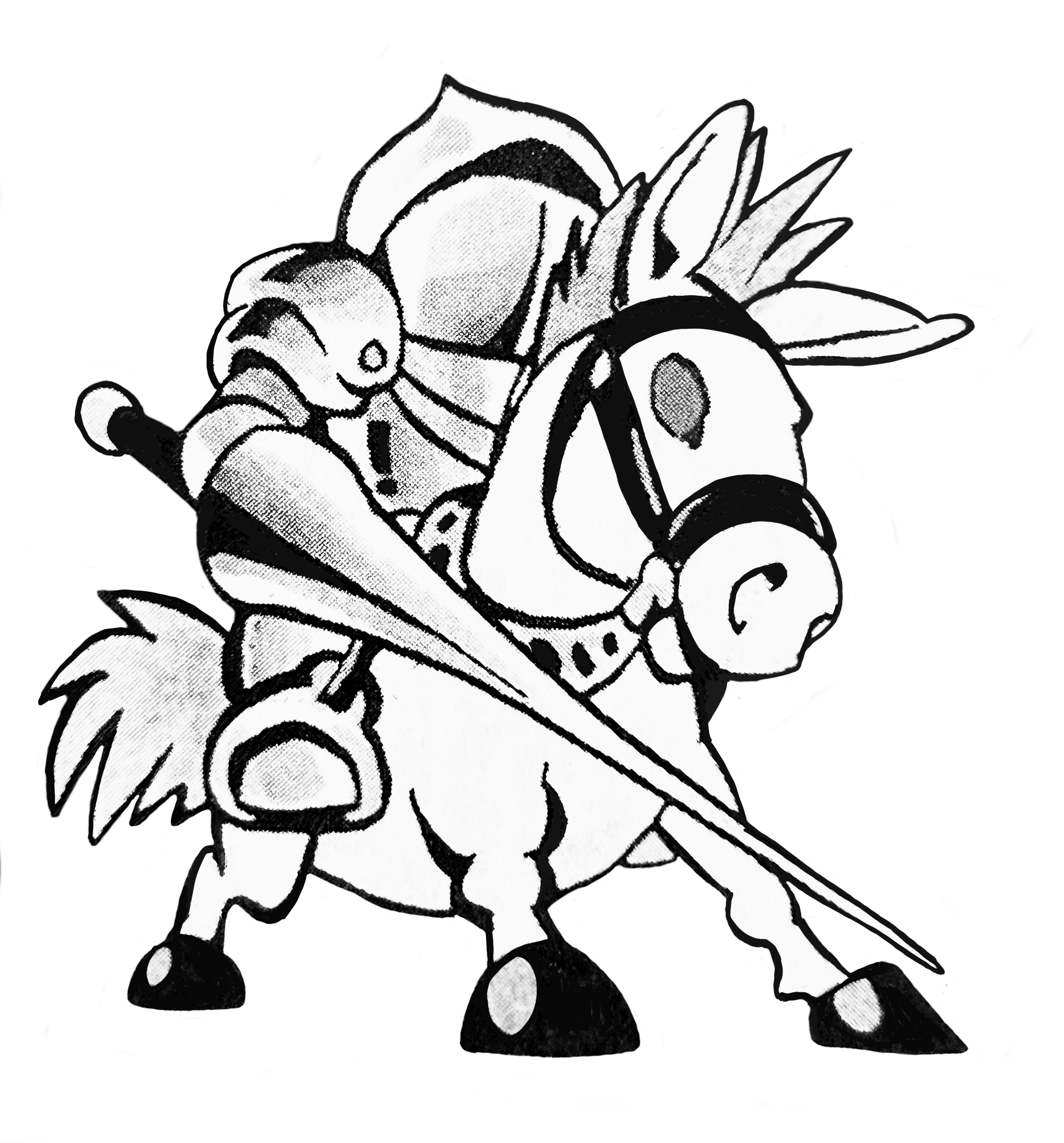 The Oujou White Knights' mascot White Knight, a cartoon knight in armor, carrying a long sword and riding a white horse with red eyes.'