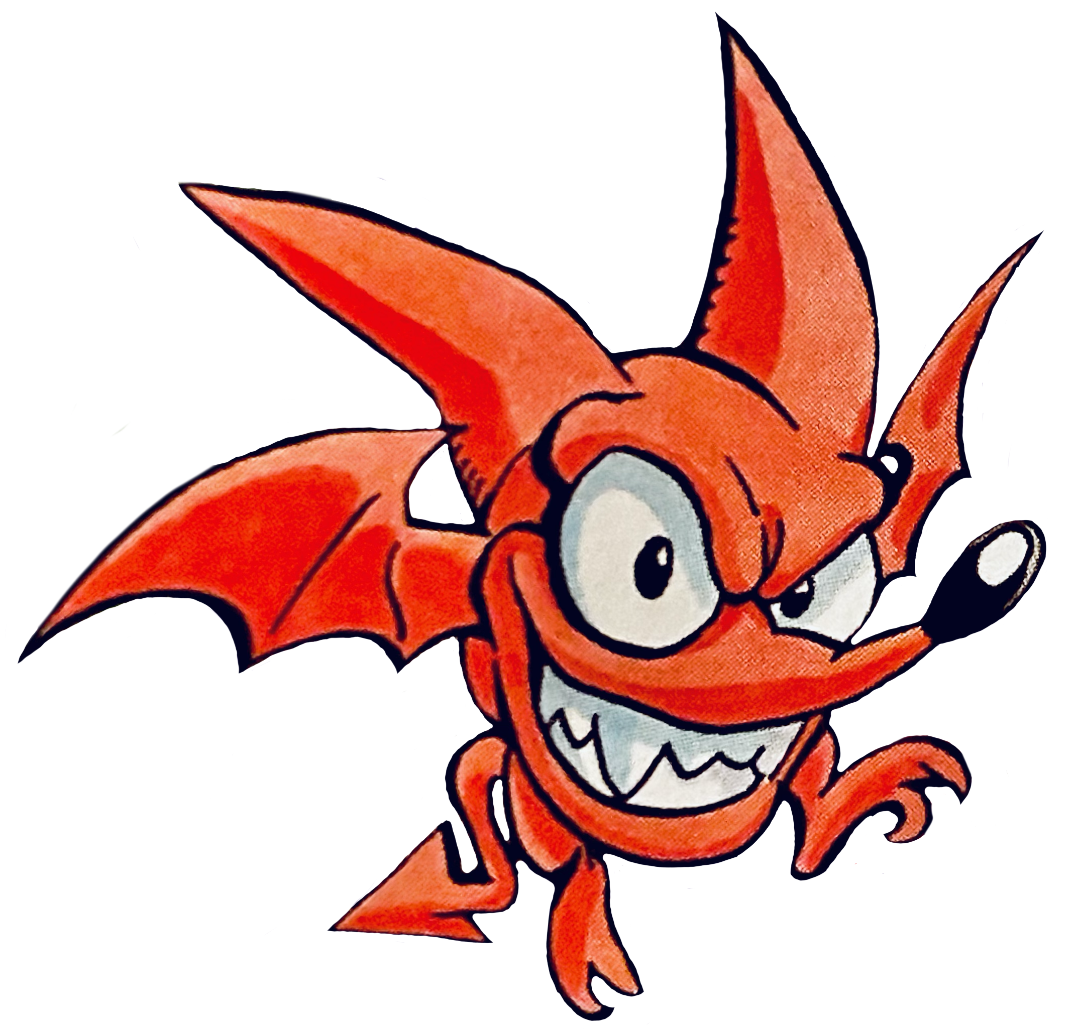 A small, transparent image of Devil Bat flying and grinning.