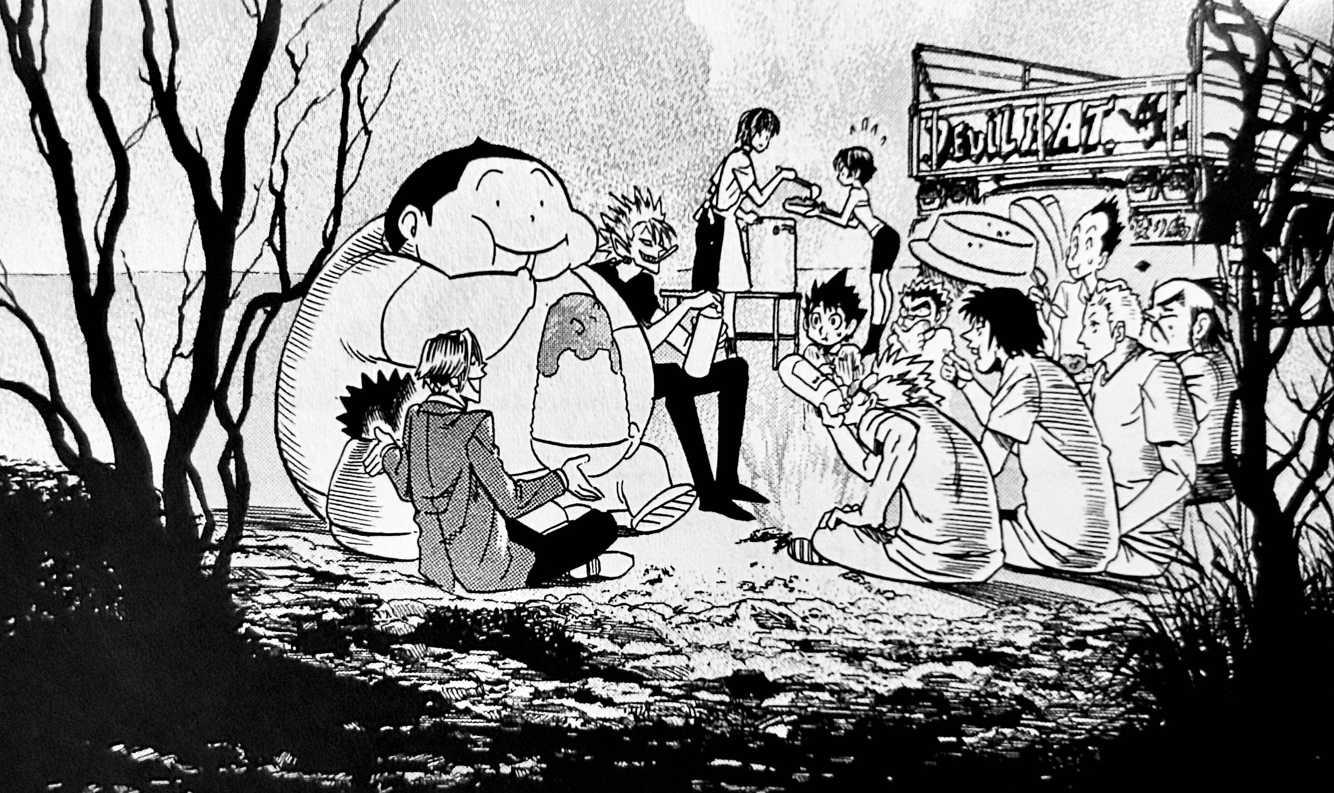 A manga panel of the Devil Bats sitting around a camp fire and eating curry rice together.