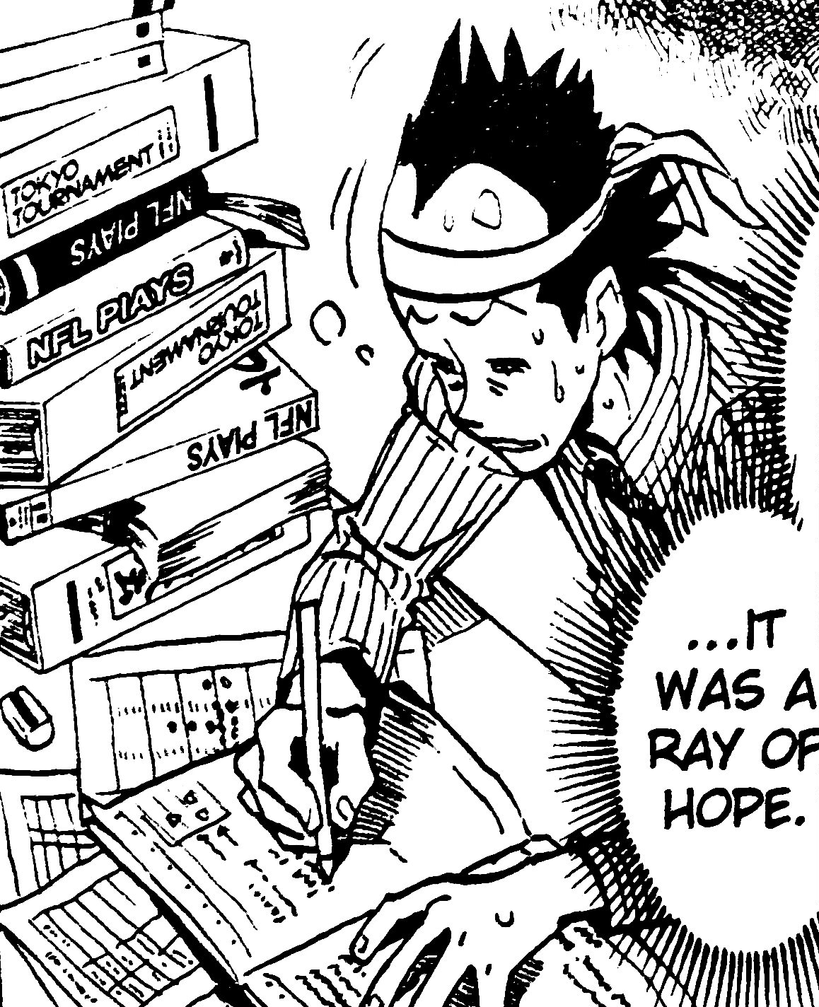A manga panel showing Yukimitsu studying football plays in his pajamas and yawning, while looking visibly exhausted. A stack of football books and notes sits beside him, and he's wearing a hachimaki, consistent with the gariben stereotype. He recalls, 'It was a ray of hope,' when remembering that Hiruma entrusted him to memorize so much information.
