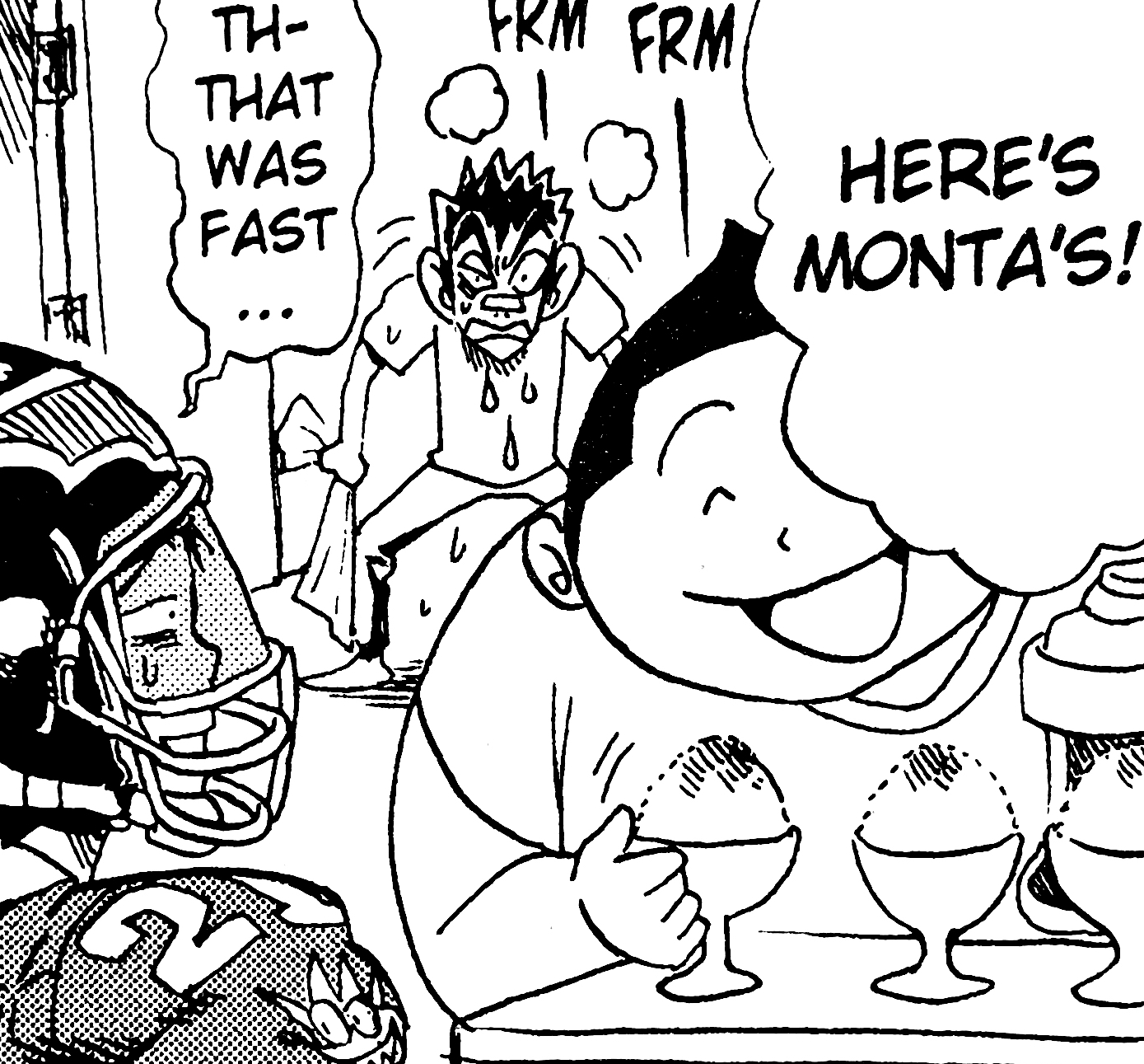 a manga panel of Kurita making kakigoori as Sena watches. Once Monta trudges back up the stairs covered in sweat, Kurita announces 'Here's Monta's!' with a smile.