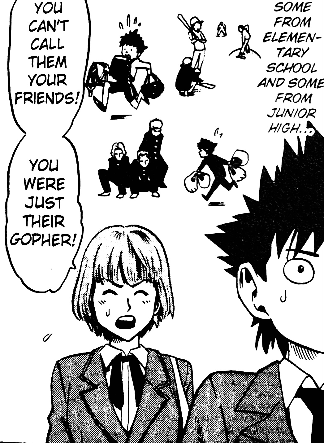 A manga panel of Sena recalling his 'friends' when he was younger. 'Some from elementary school and some from junior high...' he recalls. An exasperated Mamori corrects him, 'You can't call them your friends! You were just their gopher!'