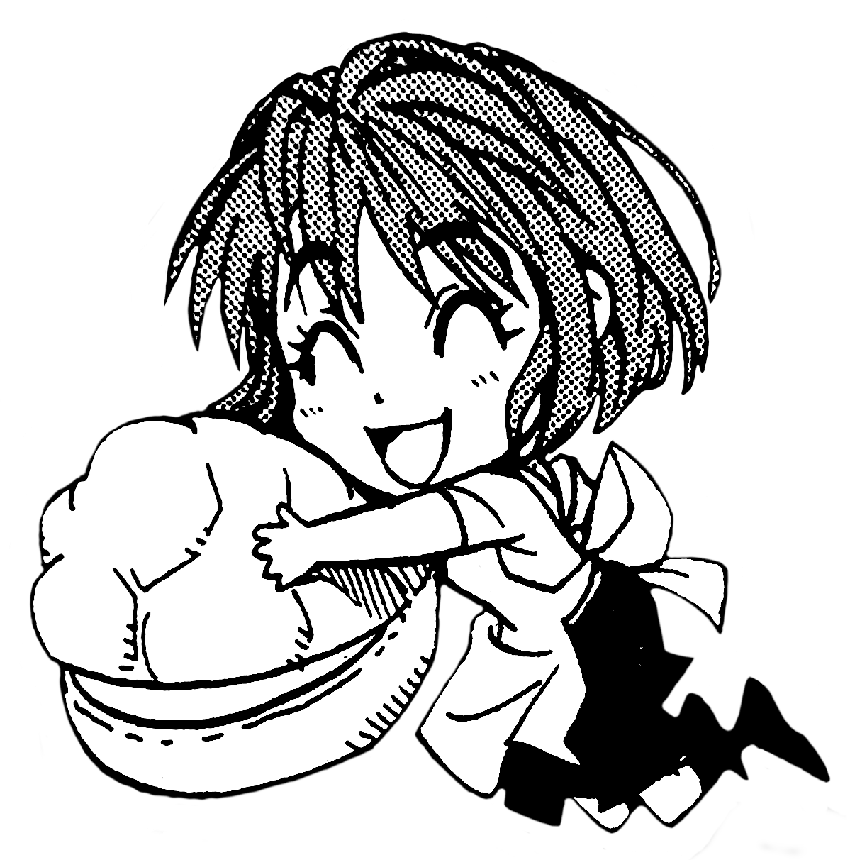 A transparent image of Mamori happily hugging a giant shuu-cream cream puff.