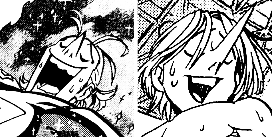 Two close-ups of manga panels featuring Taki proudly throwing back his head as his nose grows longer.