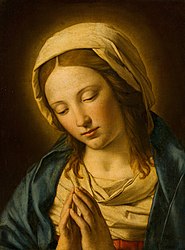 A famous painting of the Virgin Mary. She's pictured with pale skin, brown hair, and wearing a robe and veil; her hands are folded and and her eyes are downcast.