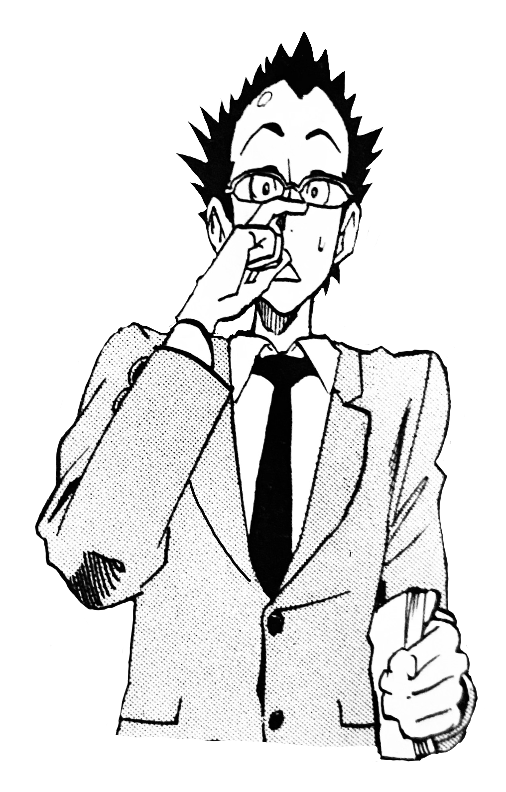 A transparent illustration of Yukimitsu, dressed in his school uniform and pushing up his reading glasses with his right index finger. He's speaking and clutching a textbook to his left side.