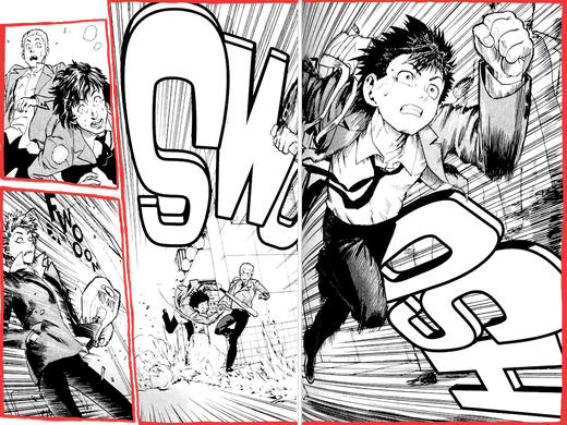 With a loud SWOOSH, Sena starts running, taking off at top speed. Juumonji and Kuroki nearly trip in a cloud of dust; they both stare, mouths agape. With a FWOOM, Sena speeds past Hiruma, another Deimon student, with demonic features and spiky blond hair. Hiruma's visibly stunned by the sudden zip past him, the convenience store bag around his wrist rustling in the wind.