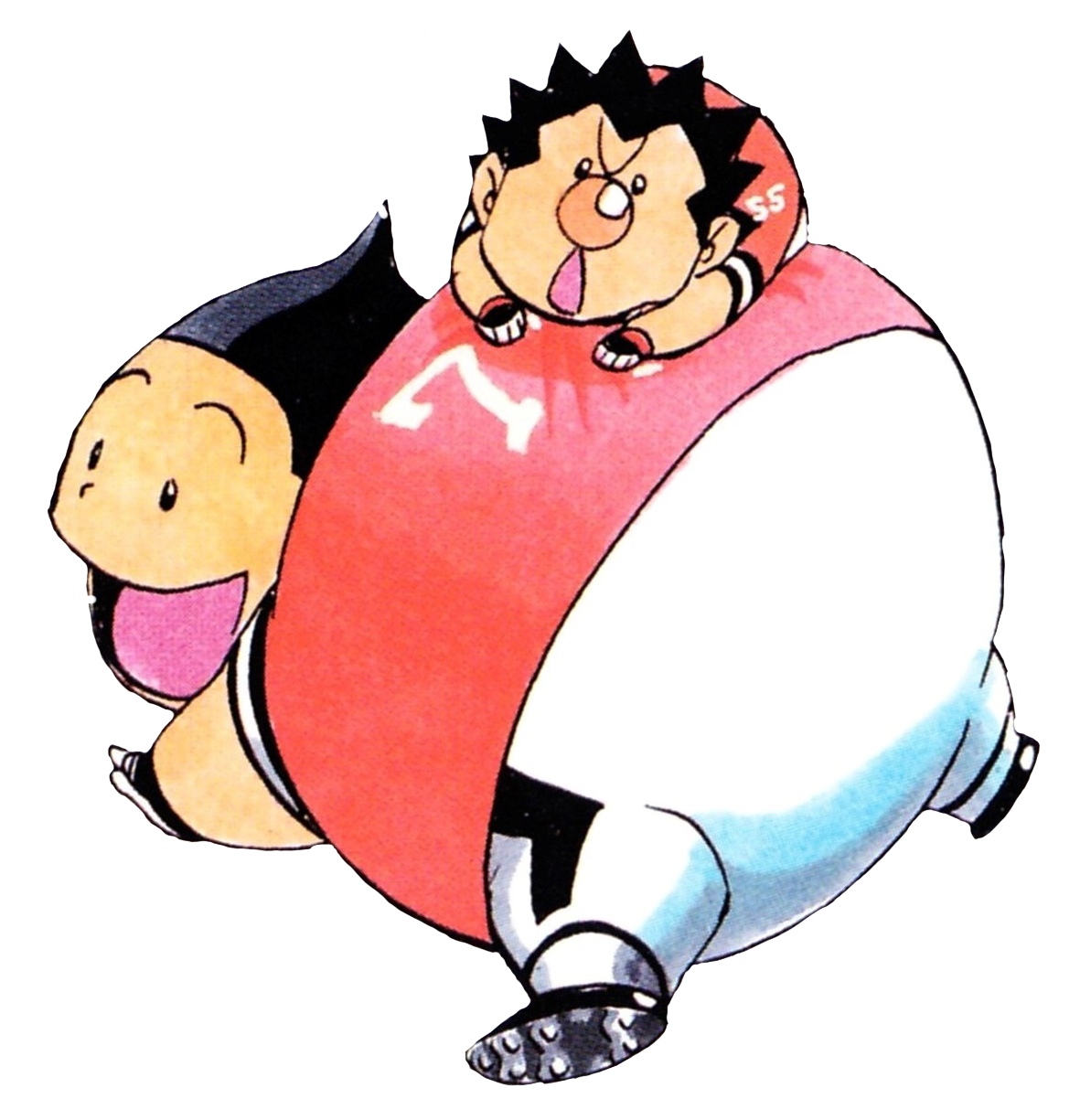 A transparent color illustration of Kurita smiling and lying on his stomach, his bottom facing the viewer. Komusubi is resting on his back and looking upwards.