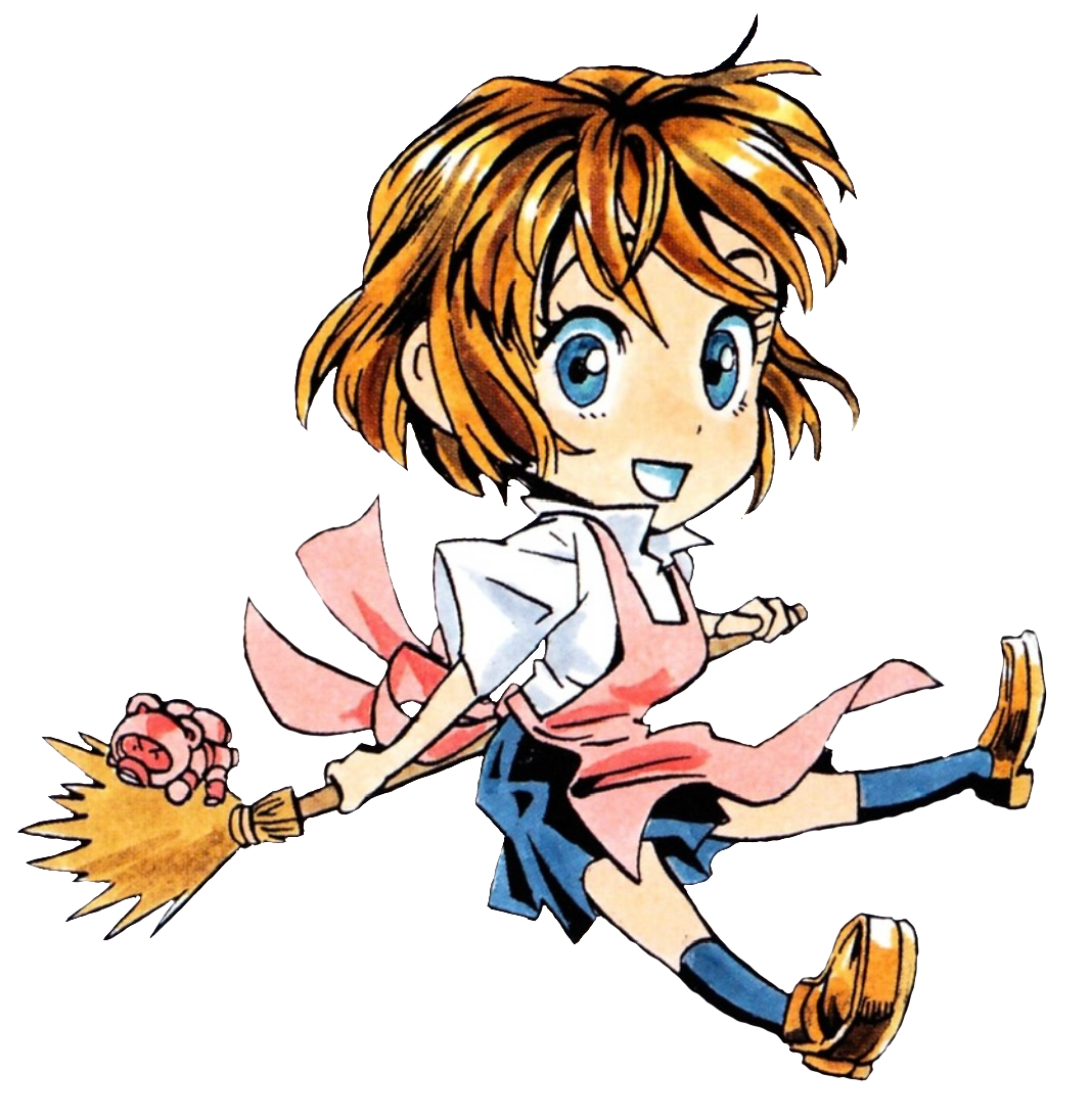 A transparent color illustration of Mamori jumping with a broomstick in hand. She's wearing a pink apron and her favorite mascot character, Rocket Bear, is hanging off the broomstick's bristles.