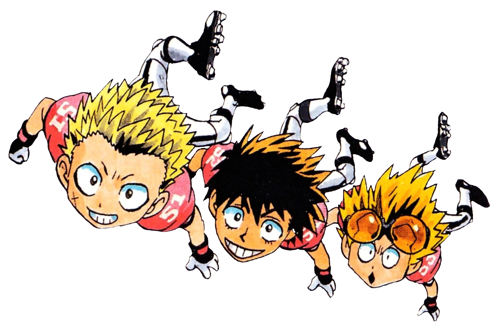A transparent color illustration of the 'Hah Brothers' from left to right: Juumonji, Kuroki and Togano. Juumonji and Kuroki are smiling, and Togano's gaping as his sunglasses slip up over his eyes.