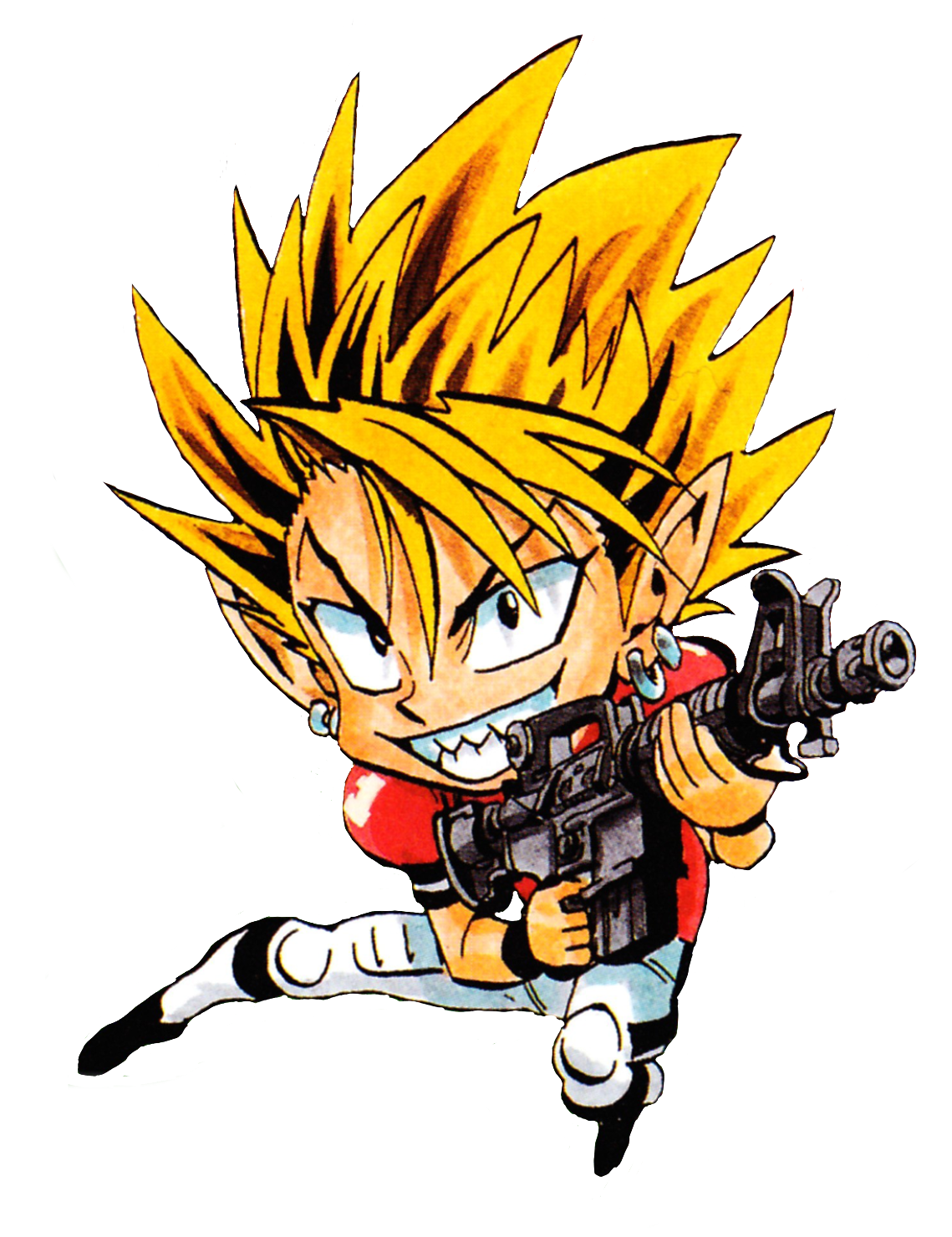 a transparent illustration of Hiruma jumping and grinning while holding a machinegun