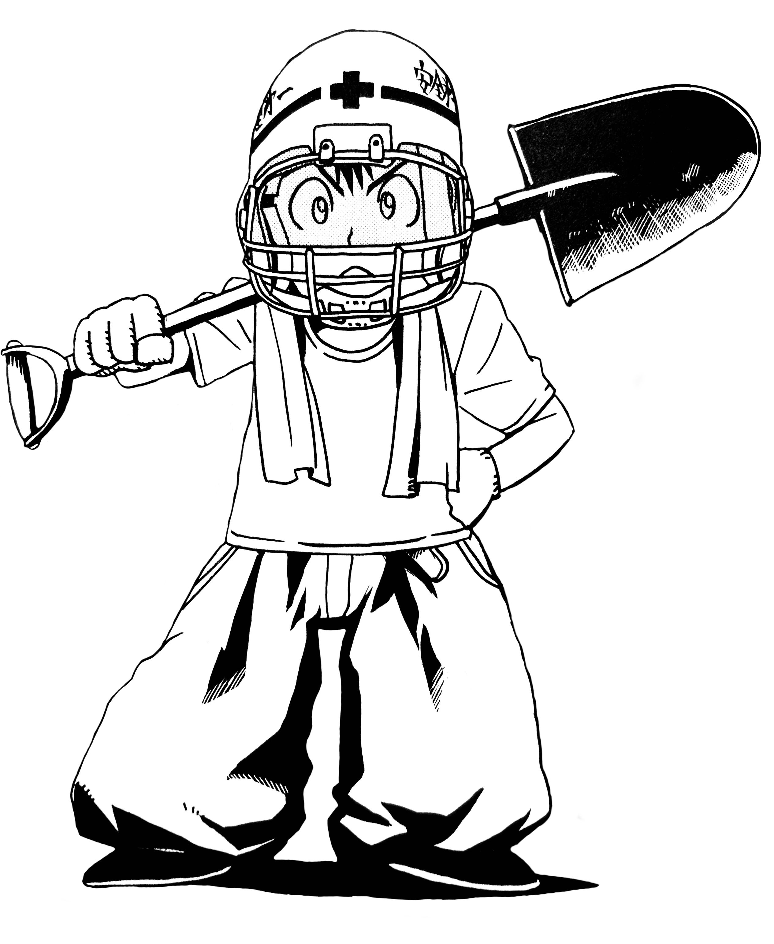 A transparent illustration of Sena wearing a hard hat, plain white t-shirt and baggy worker's trousers. He's frowning at the viewer, with one hand on his hip and another carrying a shovel over his shoulders.